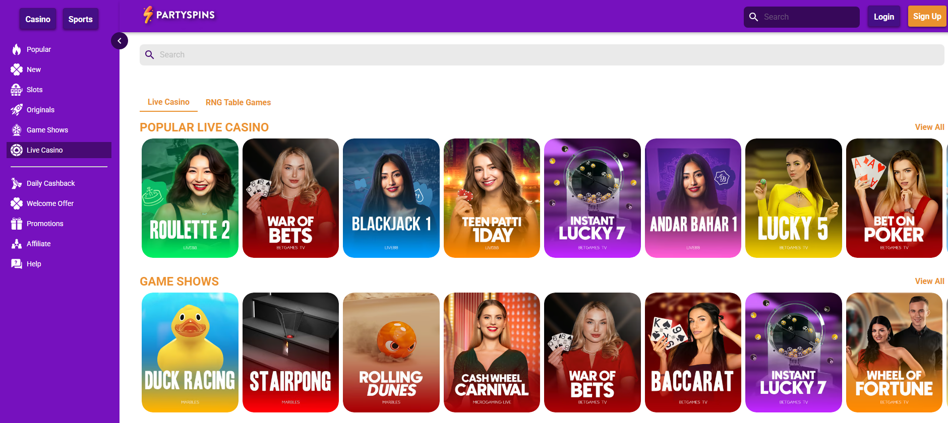 Partyspin live casino